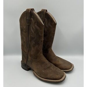 Old West Boys Broad Square Toe Western Boots Brown Leather Cowboy Youth 4 D